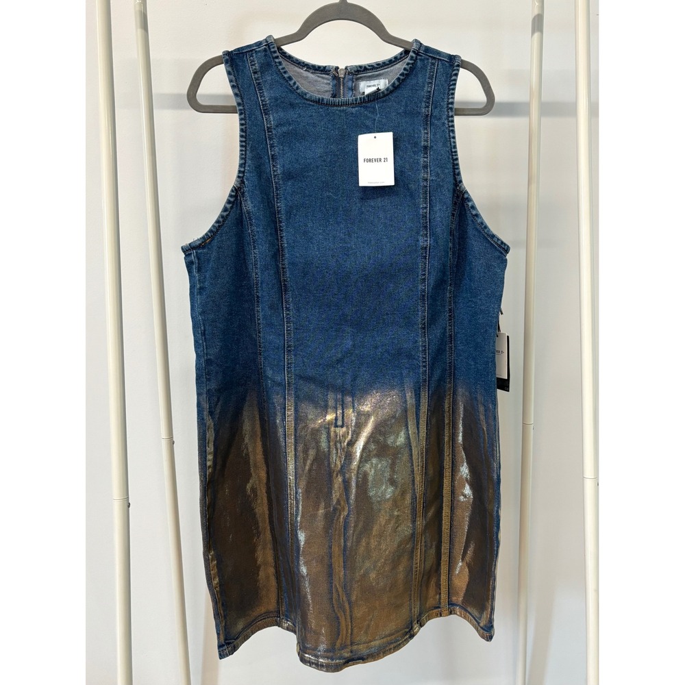 Forever 21 Plus Denim Metallic Gold Foil Dip Dye Mini Dress Blue 1X NWT